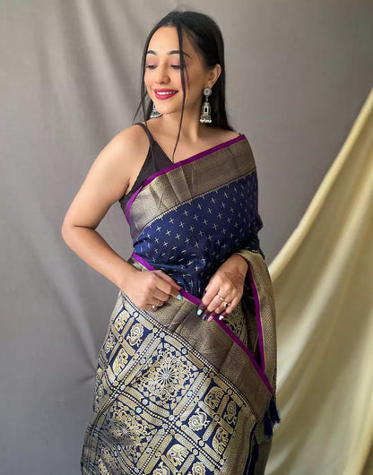 Navy Blue Soft Silk Saree With Zari Weaving