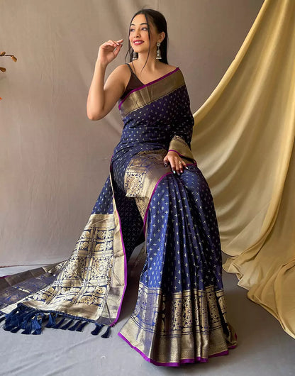 Navy Blue Soft Silk Saree With Zari Weaving