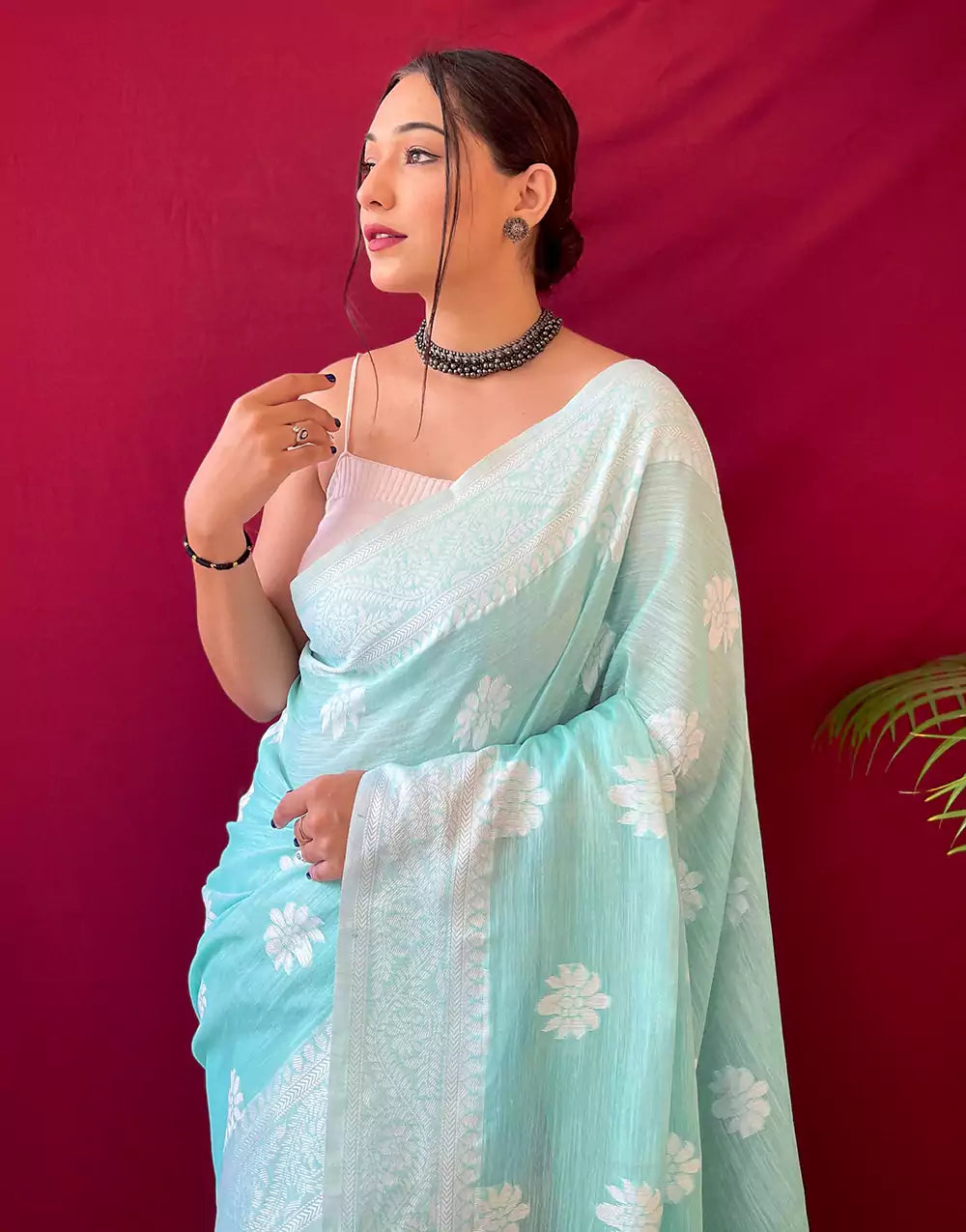 Pastel Teal Lucknowi Weaving Linen Cotton Saree