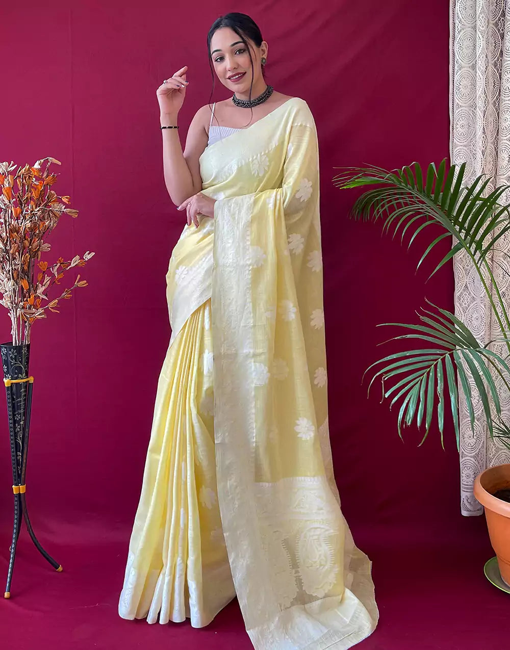 Pastel Yellow Lucknowi Weaving Linen Saree