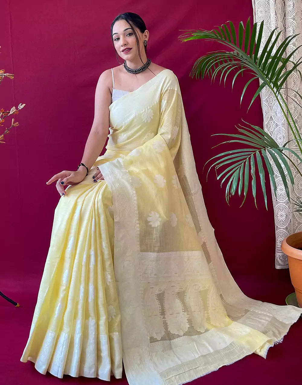 Pastel Yellow Lucknowi Weaving Linen Saree