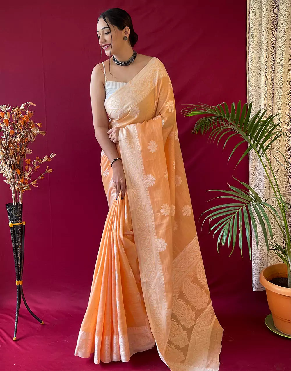Pastel Orange Lucknowi Weaving Linen Saree