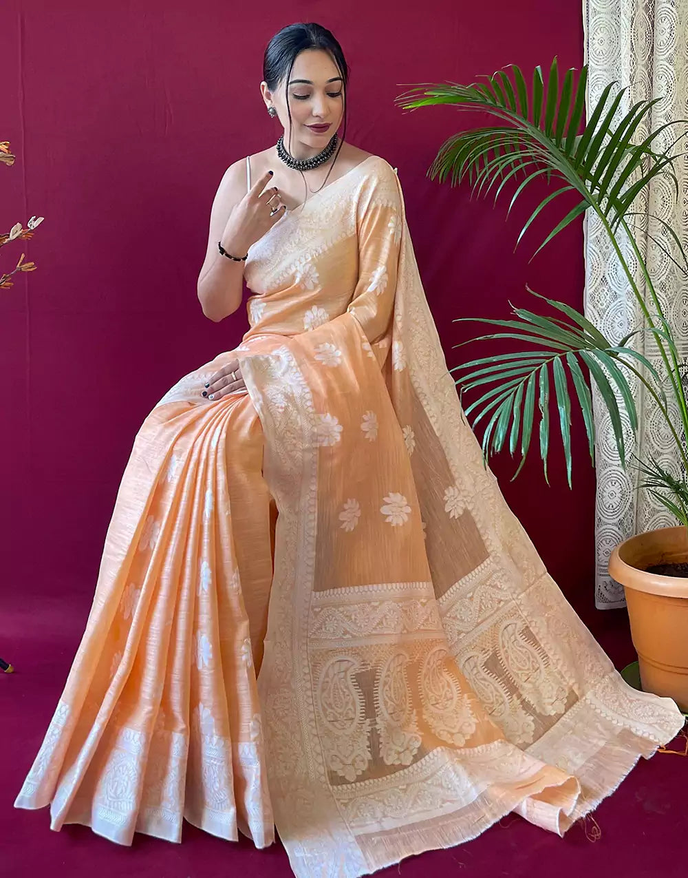 Pastel Orange Lucknowi Weaving Linen Saree