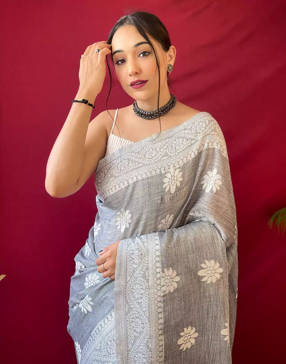 Pastel Grey Lucknowi Weaving Linen Saree