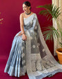 Pastel Grey Lucknowi Weaving Linen Saree