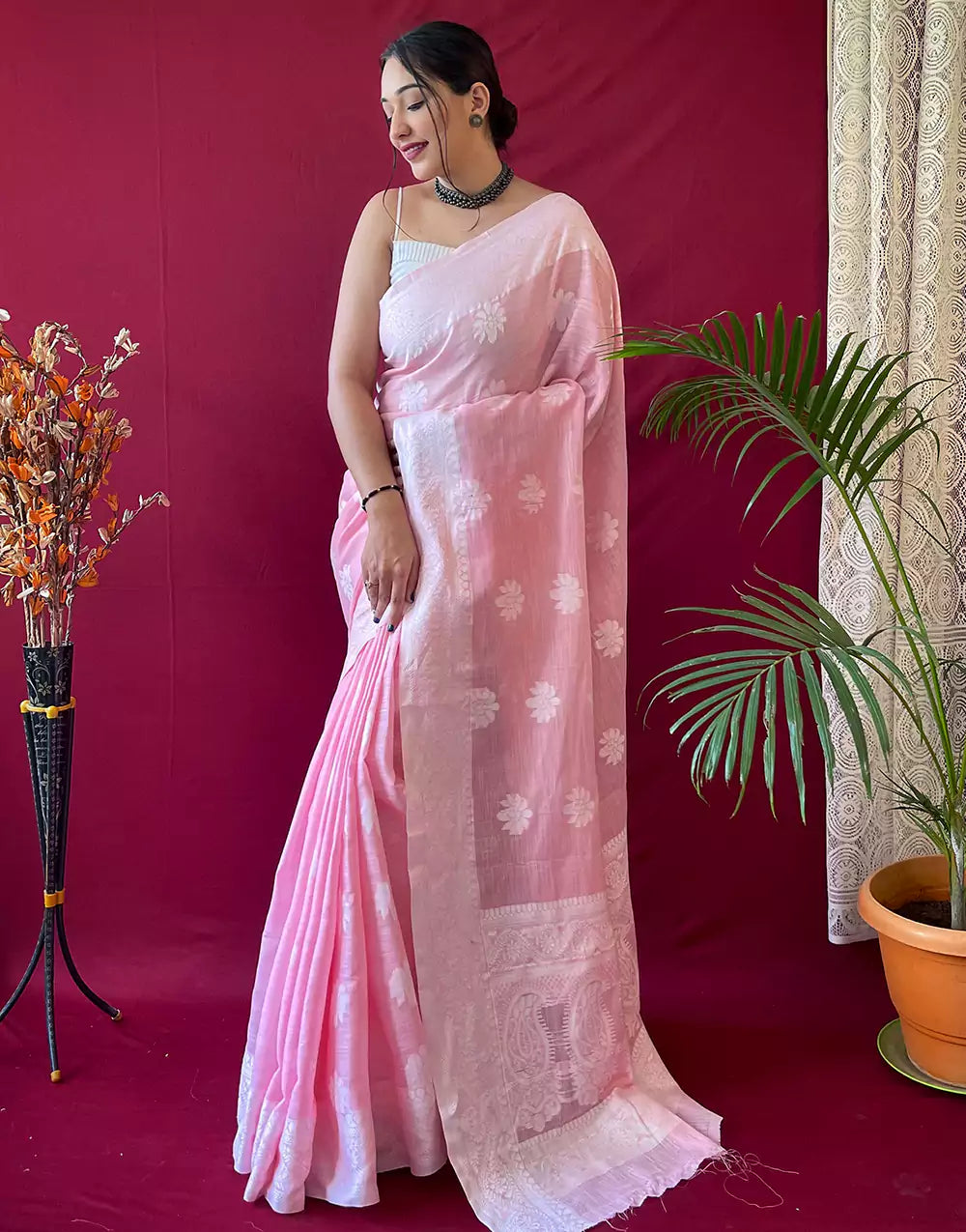 Pastel Pink Lucknowi Weaving Linen Saree