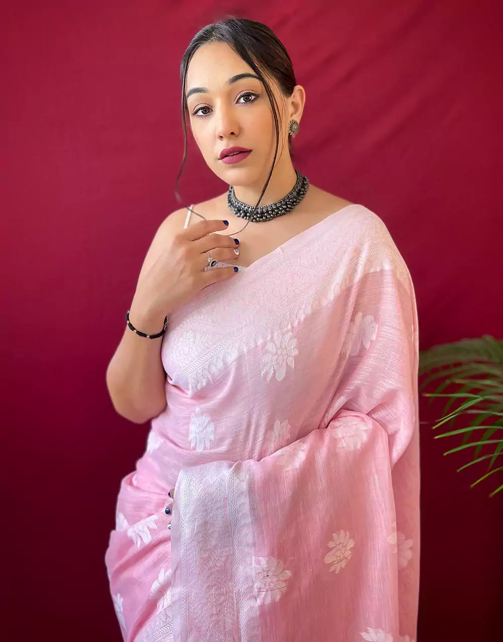 Pastel Pink Lucknowi Weaving Linen Saree