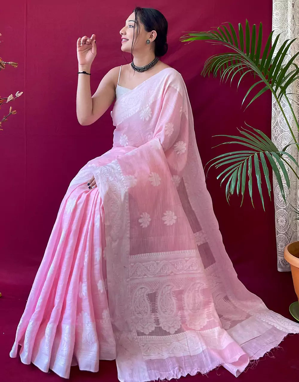 Pastel Pink Lucknowi Weaving Linen Saree
