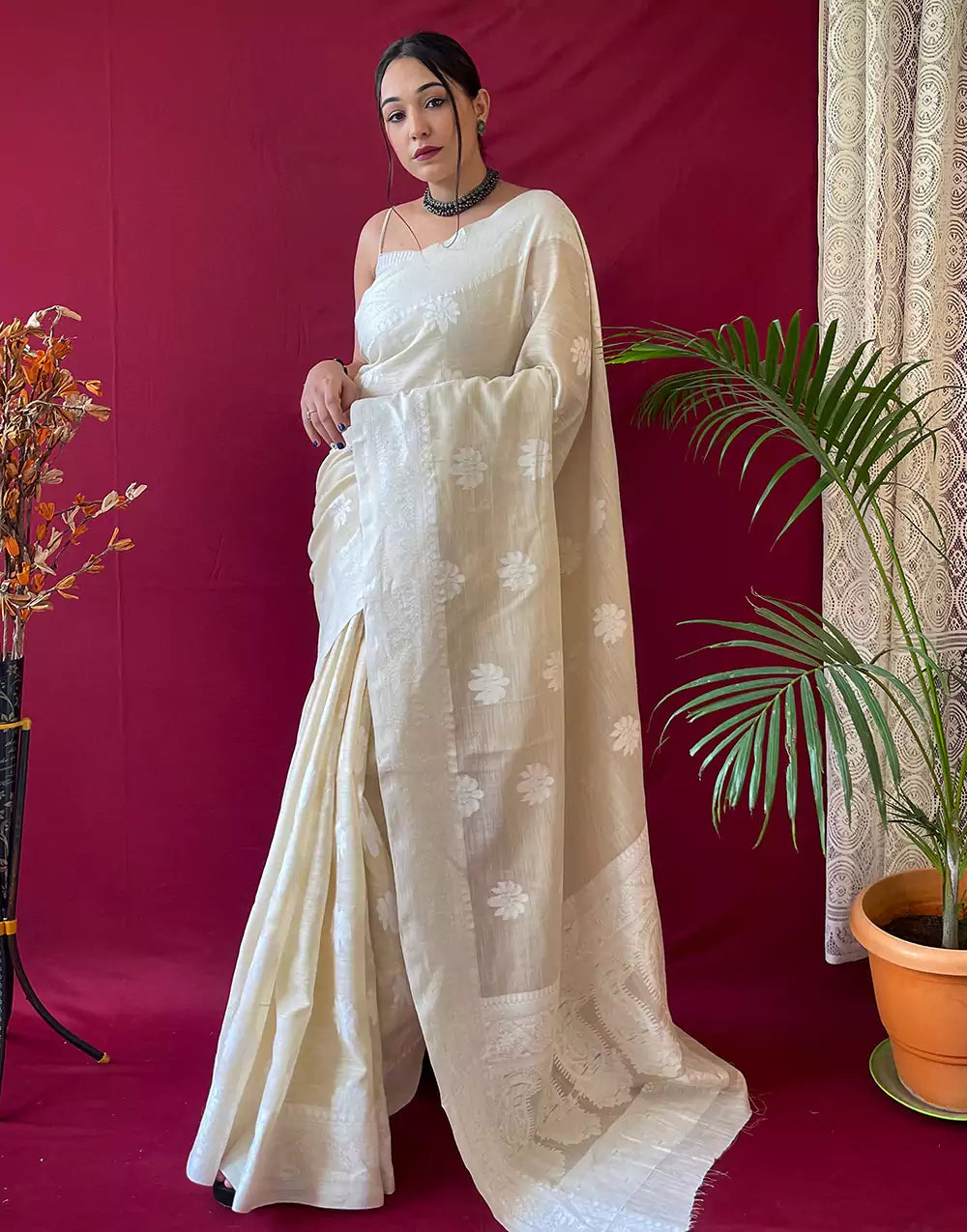 Pastel Beige Lucknowi Weaving Linen Saree