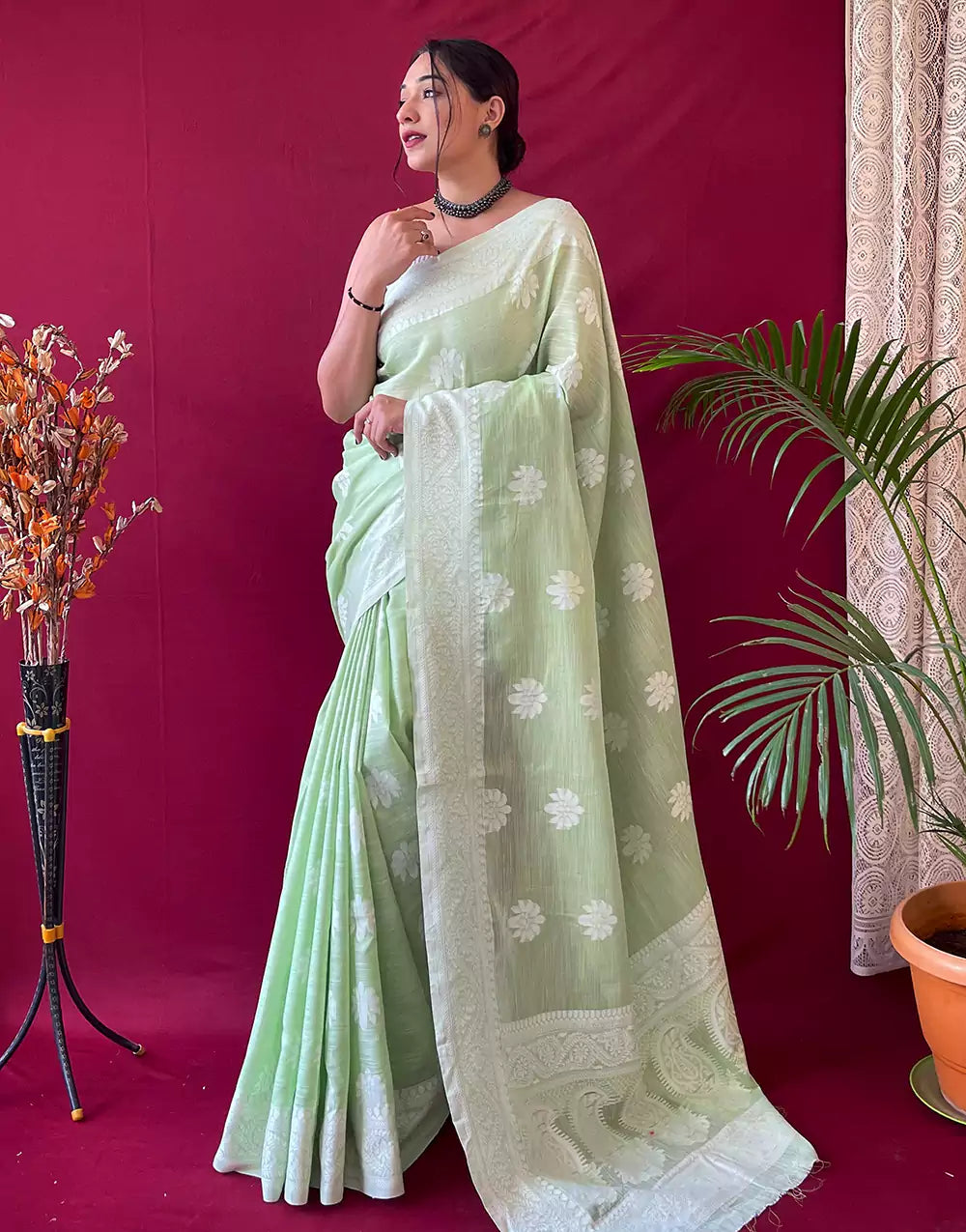 Pastel Green Lucknowi Weaving Linen Saree