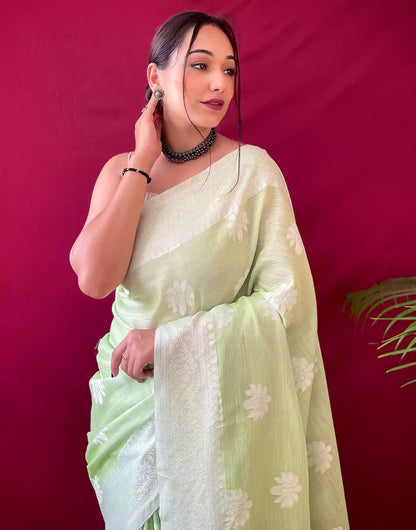 Pastel Green Lucknowi Saree With Weaving Linen Saree