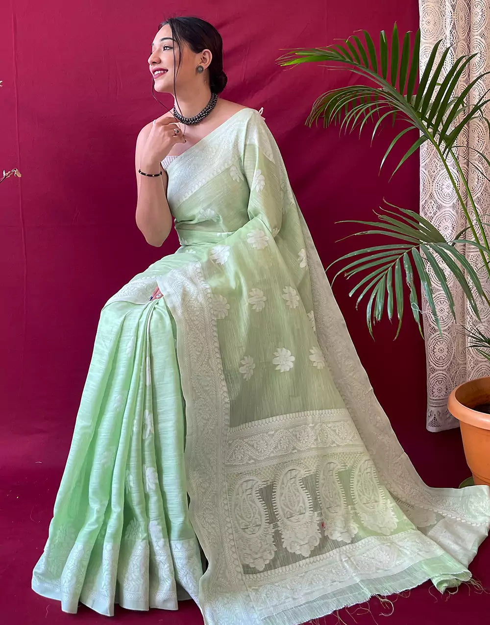 Pastel Green Lucknowi Saree With Weaving Linen Saree