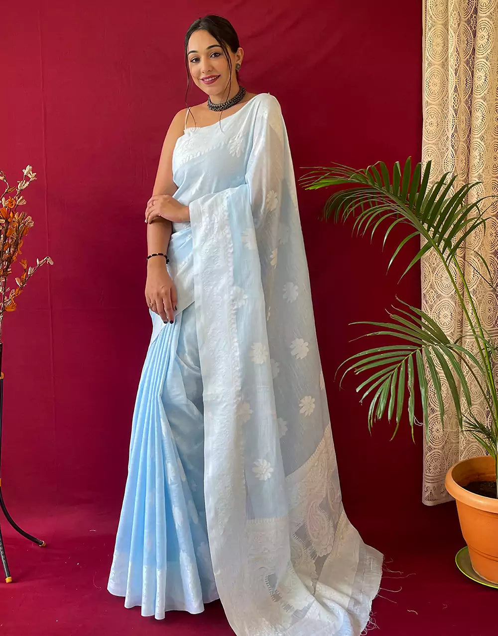 Pastel Blue Lucknowi Weaving Linen Saree