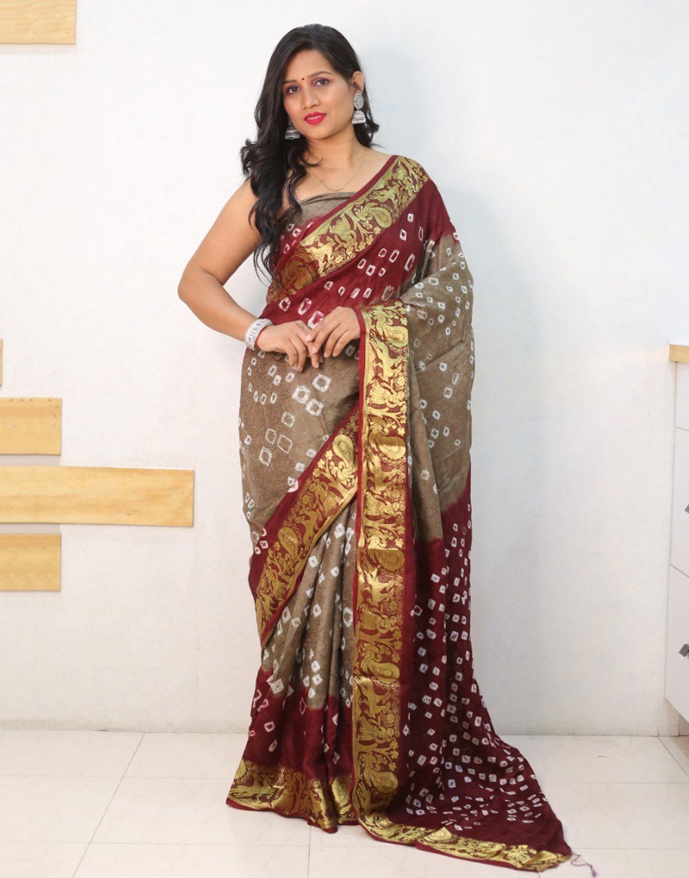 Brown & Maroon Hand Bandhej Bandhani Saree With Zari Weaving Border