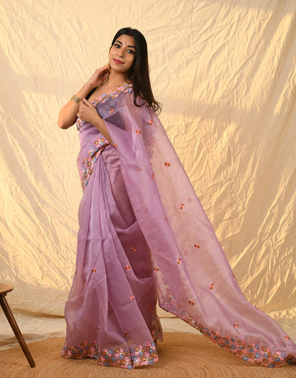 Purple Organza Embroidered Cut Work Saree