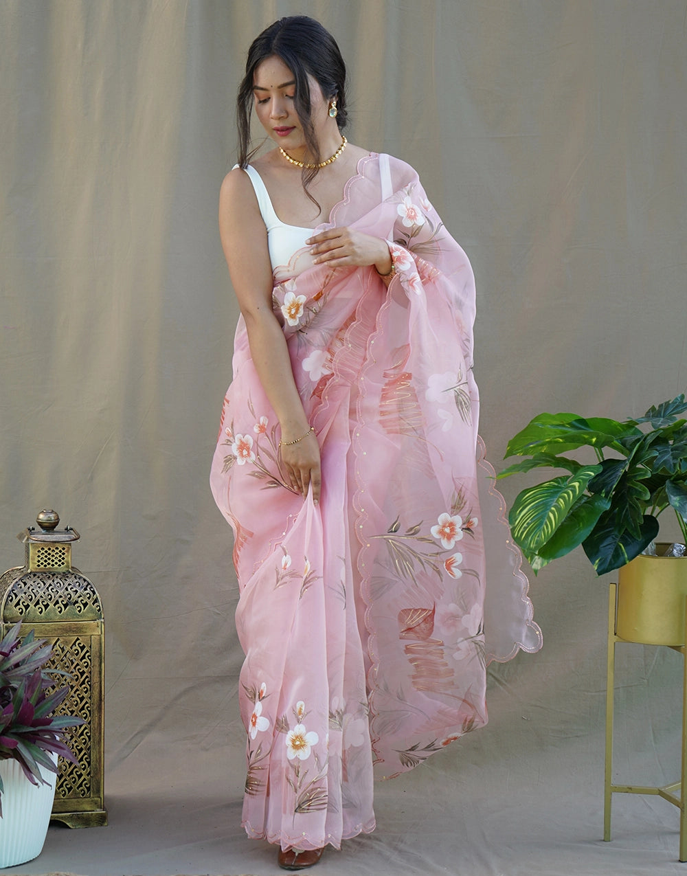 New Pink  Color Organza Floral Hand Printed Saree