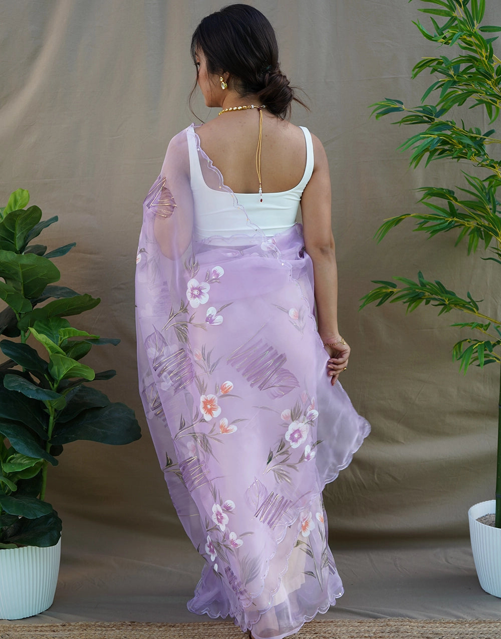 New Light Purple Color Organza Floral Hand Print Work