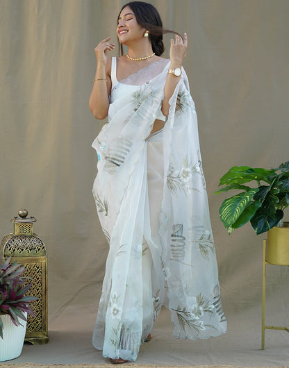 White colour Organza Floral Hand Printed Saree