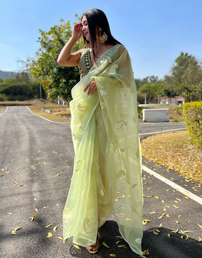 New Light Yellow Organza Embroidery And Gota Patti Work With Piping Border Saree