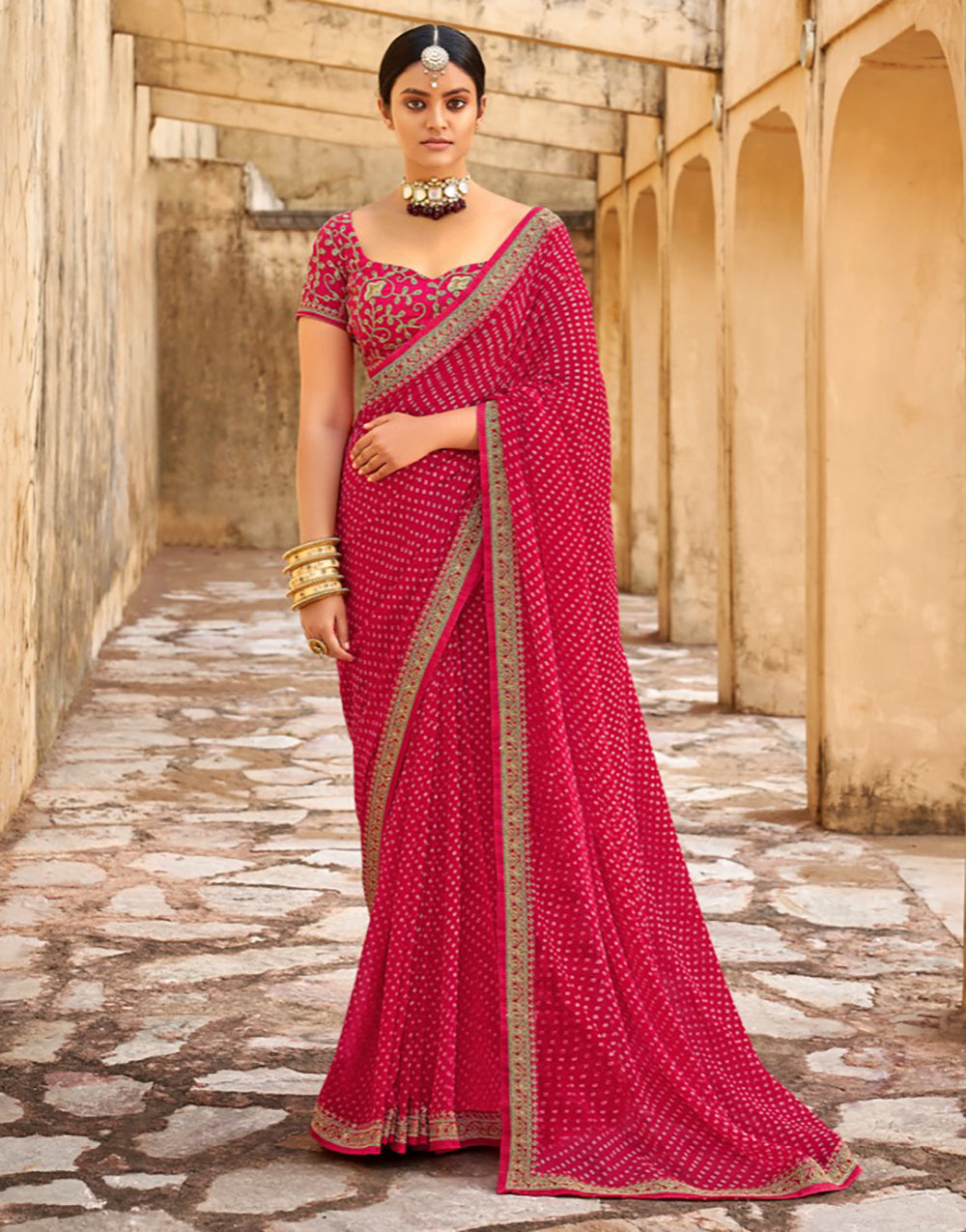 Red Bandhani Design With Embroidery Work Blouse