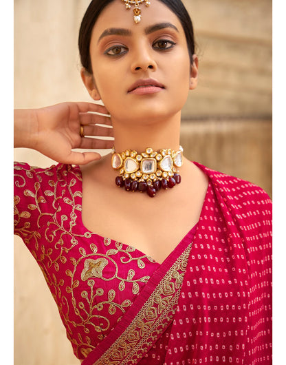 Red Bandhani Design With Embroidery Work Blouse