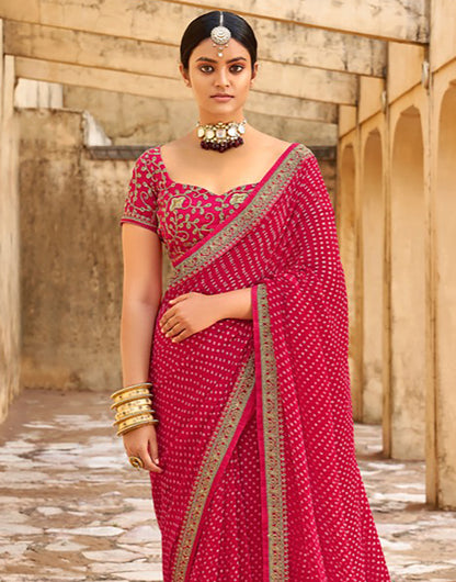 Red Bandhani Design With Embroidery Work Blouse