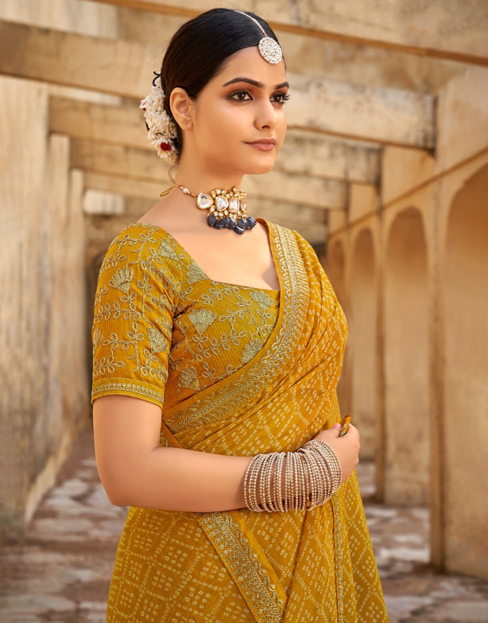 Mustard Yellow Bandhani Saree With Embroidery Work Blouse
