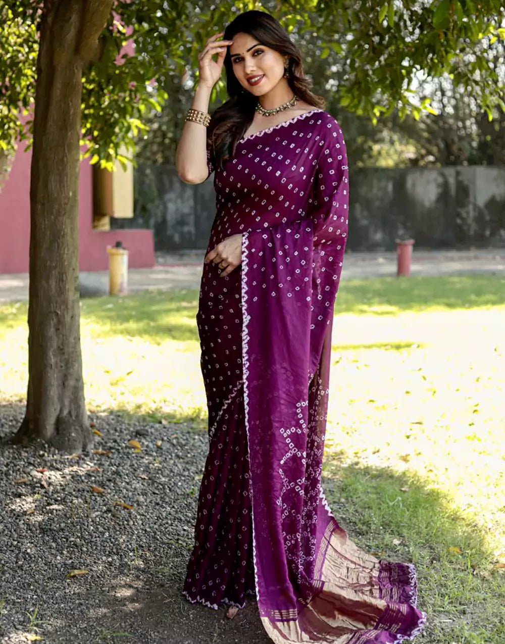 Purple Bandhej Silk Saree With Zari Weaving