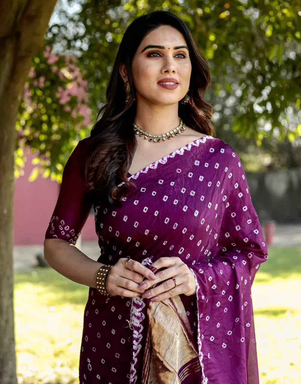 Purple Bandhej Silk Saree With Zari Weaving Work