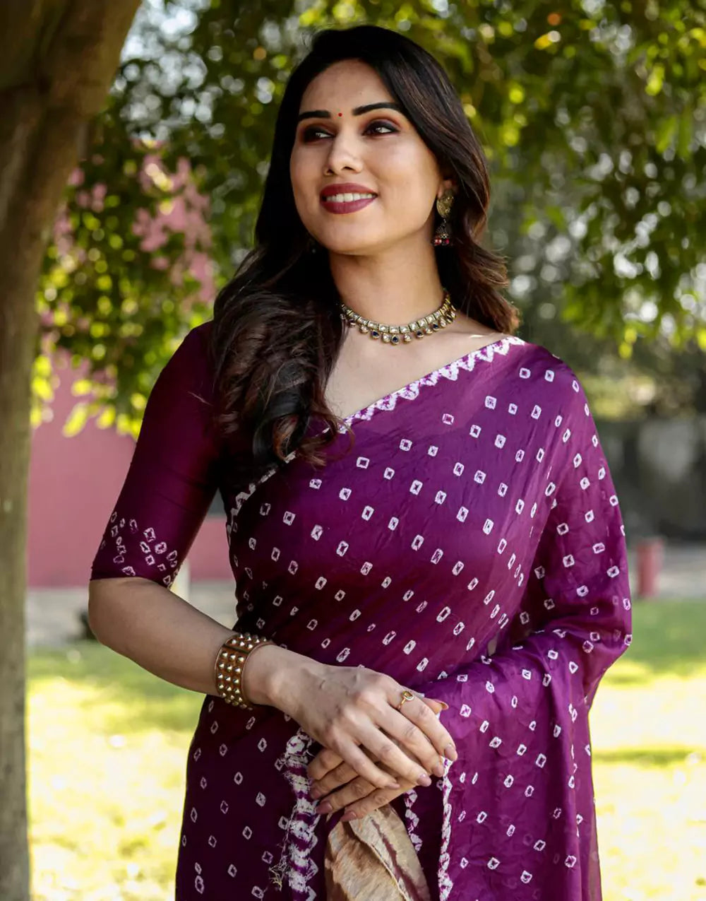 Purple Bandhej Silk Saree With Zari Weaving