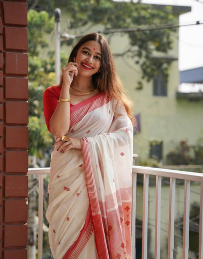 Durga Puja Special White & Red Linen Saree With Weaving Work