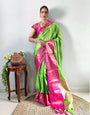 1 Min In ready To Wear Perrot Green SIlk Saree With Jacquard Blouse Piece
