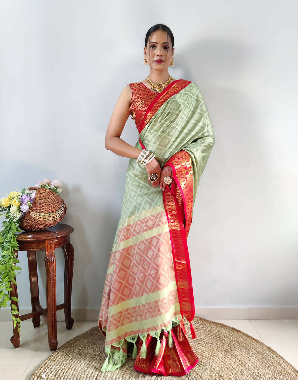 1 Min In ready To Wear Pista Red Pure Aura Cotton SIlk Saree With Jacquard Blouse Piece