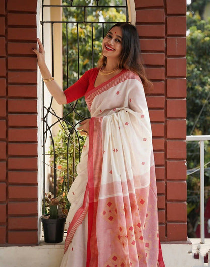 Durga Puja Special White & Red Linen Saree With Weaving Work