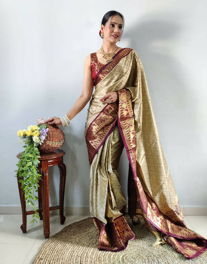 1 Min In Ready To Wear Beige Pure Aura Cotton  Saree With Jacquard Blouse Piece