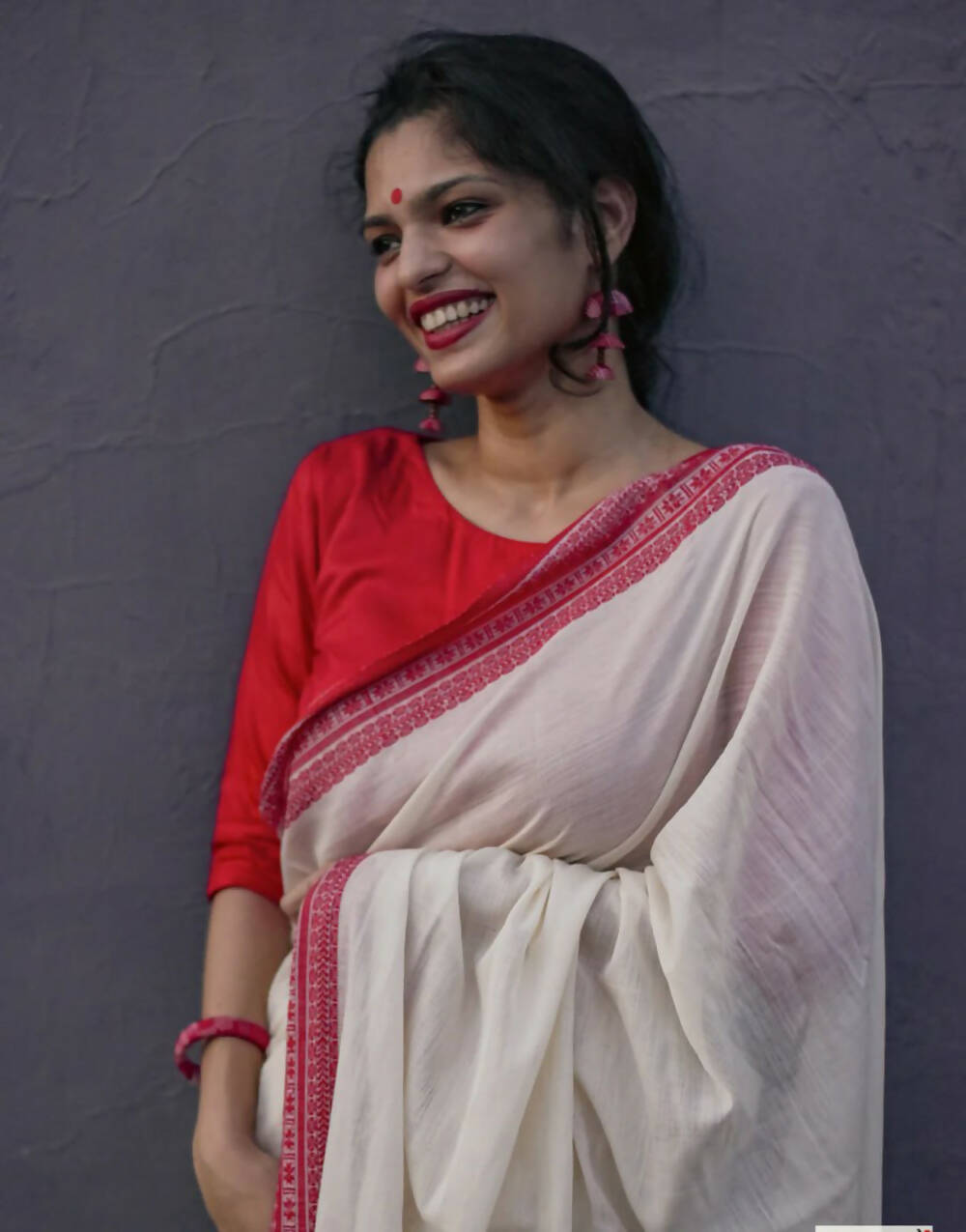 WHITE RED PONGAL SPECIAL. HANDWOVEN PURE MERCERISED COTTON WITH MANIPURI PATTERN THREADWORK