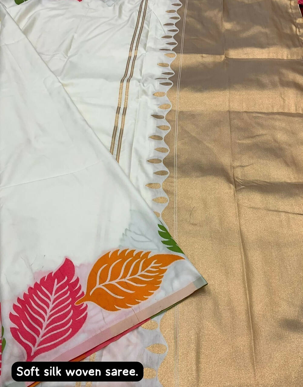 Latest Off White Silk Saree With Printed & Weaving Border