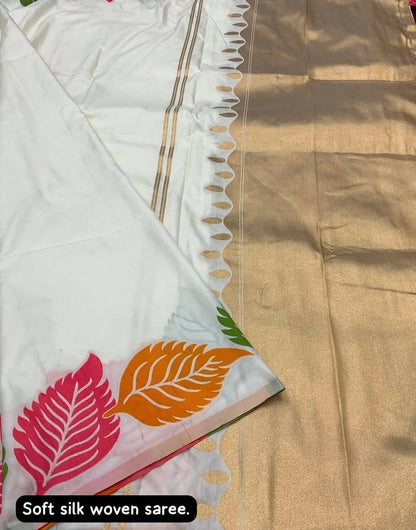 Latest Off White Silk Saree With Printed & Weaving Border