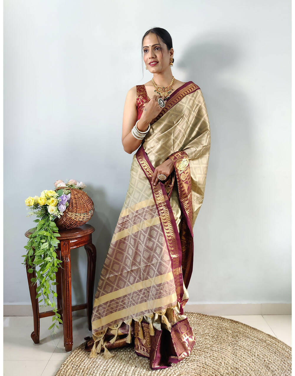 1 Min In Ready To Wear Beige Pure Aura Cotton  Saree With Jacquard Blouse Piece