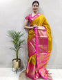 Mustard & Pink Pure Aura Cotton SIlk Saree With Weaving Work