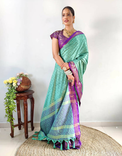 1 Min In ready To Wear Purple Green Pure Aura Cotton SIlk Saree With Jacquard Blouse Piece