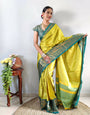 1 Min In ready To Wear Lemon Green Pure Aura Cotton SIlk Saree With Jacquard Blouse Piece