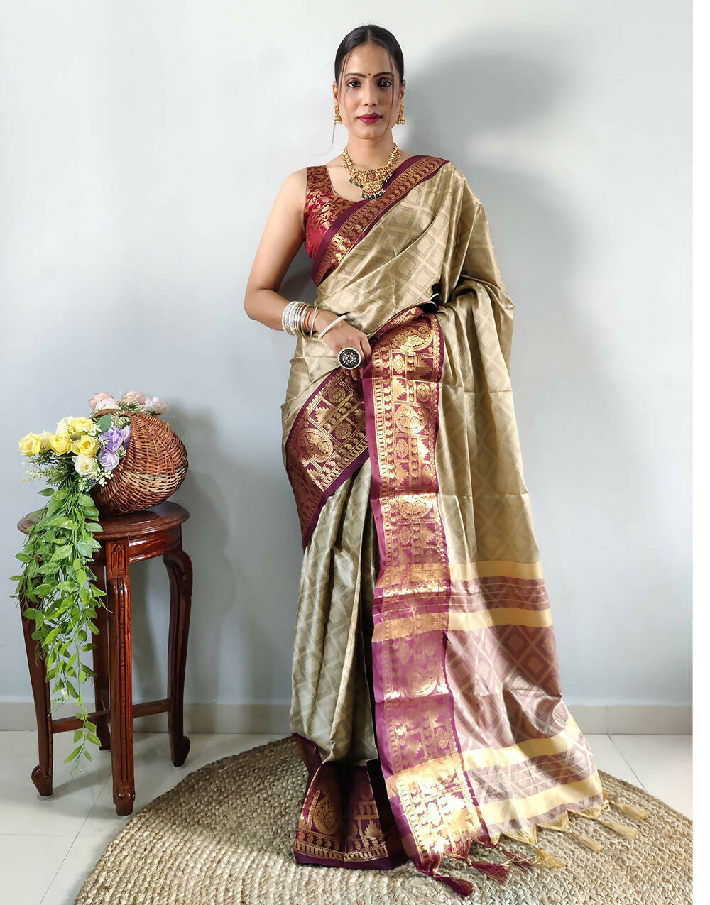 1 Min In Ready To Wear Beige Pure Aura Cotton  Saree With Jacquard Blouse Piece